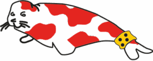 Die Abbildung zeigt einen weiß/orangenen Sehhund, das Logo des Fanclubs.