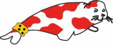Die Abbildung zeigt einen weiß/orangenen Sehhund, das Logo des Fanclubs.