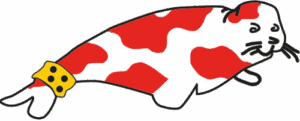 Die Abbildung zeigt einen weiß/orangenen Sehhund, das Logo des Fanclubs.