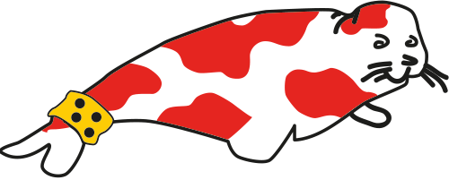 Die Abbildung zeigt einen weiß/orangenen Sehhund, das Logo des Fanclubs.